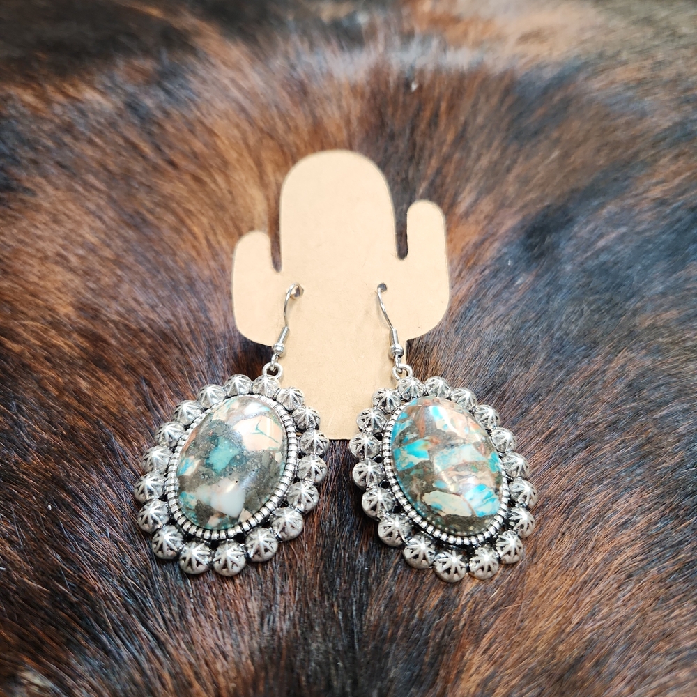Western Silver and Turquoise Oval Earrings